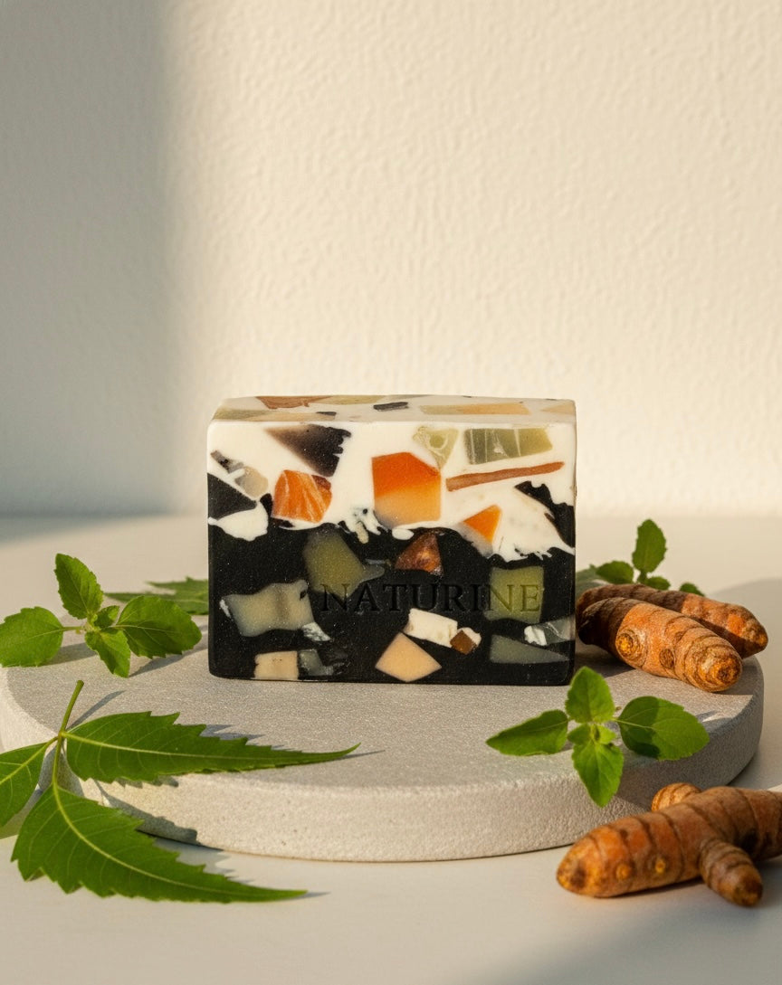NATURINE Black & White Mosaic Charcoal Soap | Handmade Ayurvedic Organic Cleanser