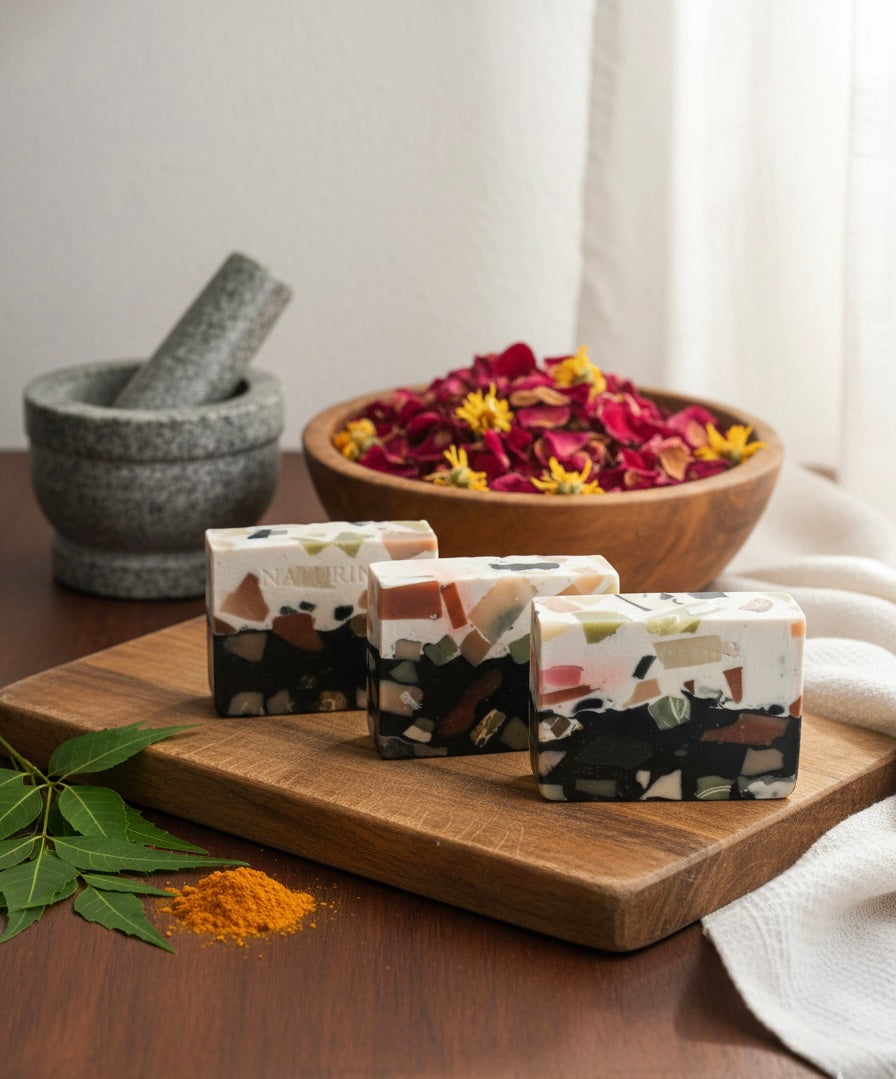 NATURINE Black & White Mosaic Charcoal Soap | Handmade Ayurvedic Organic Cleanser
